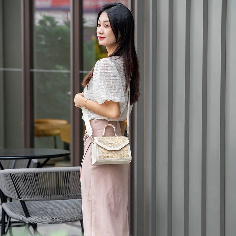 Simple woven sequin decorative crossbody small square bag in straw, four colour options: white, pink, black, dark brown.
