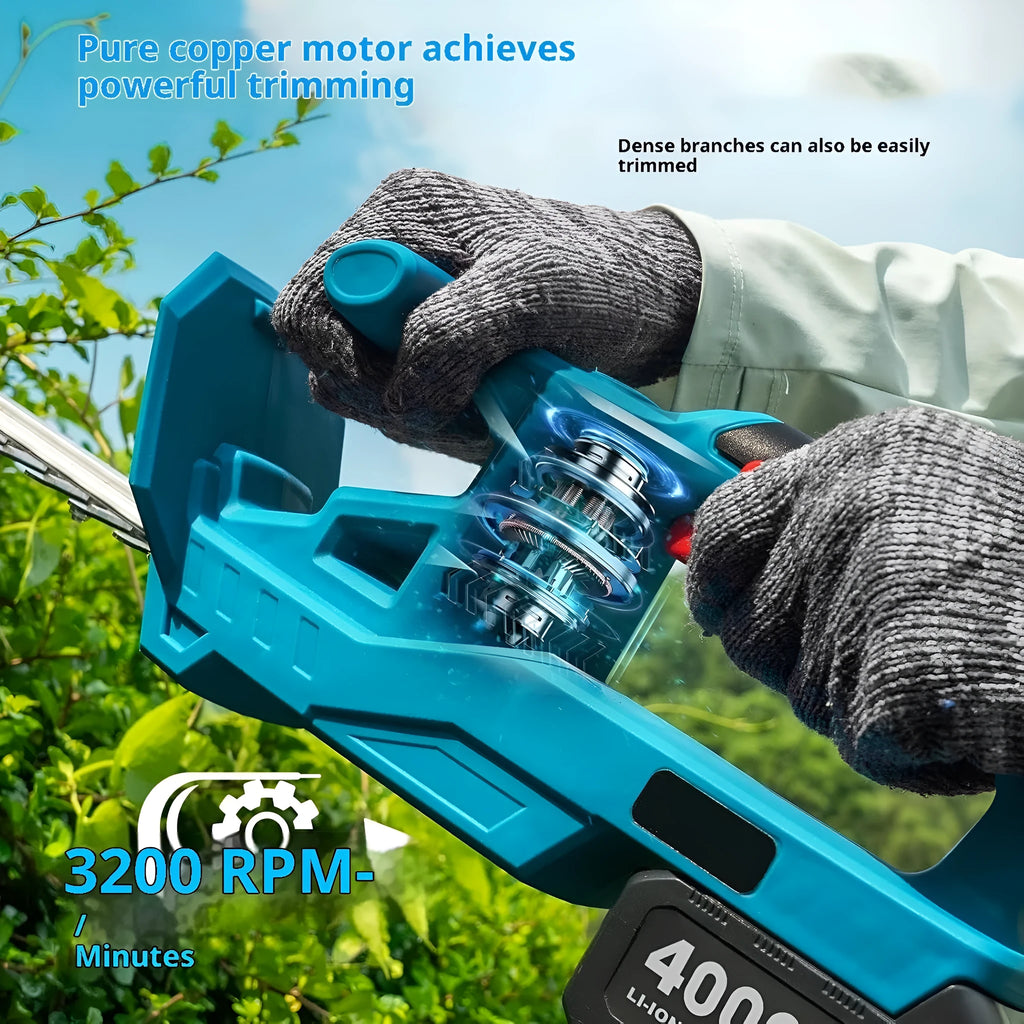 Lithium battery wireless electric hedge trimmer with two batteries, charger, gloves and goggles on a workbench
