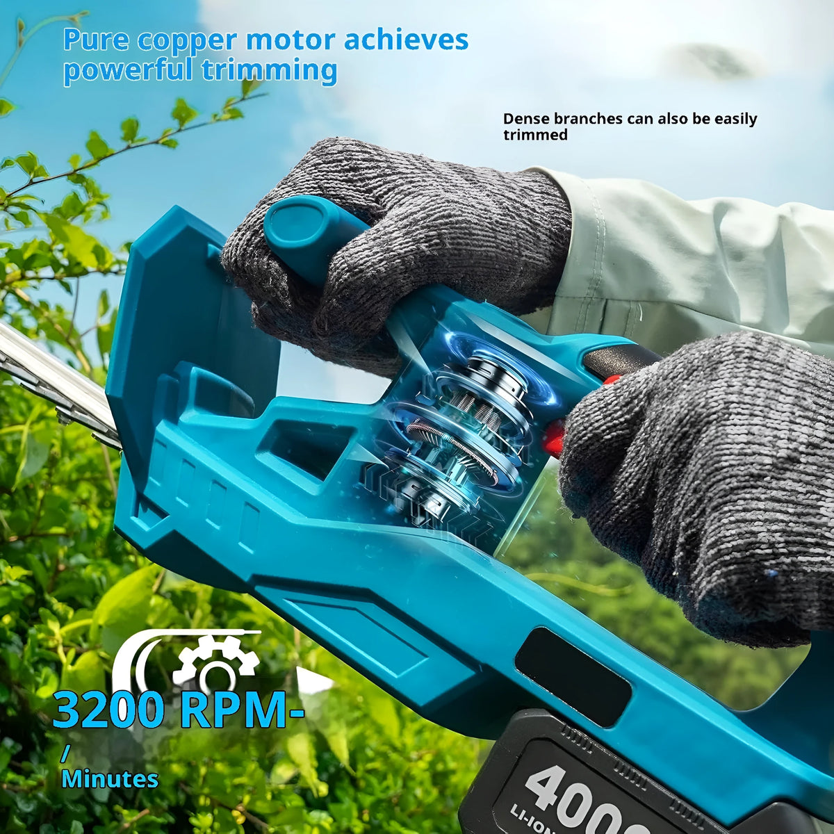 Lithium battery wireless electric hedge trimmer with two batteries, charger, gloves and goggles on a workbench