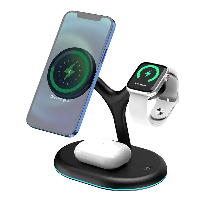 Black vertical magnetic three-in-one wireless charging stand with phone attached and watch charger folded out.