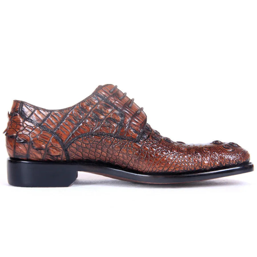 Men's brown crocodile skin leather business dress shoes with leather sole, side view