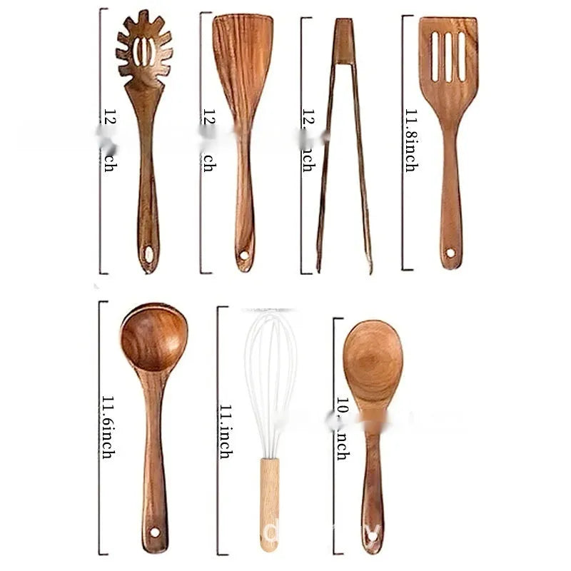 7-piece wooden kitchen utensil set with spoons and spatula on a table.