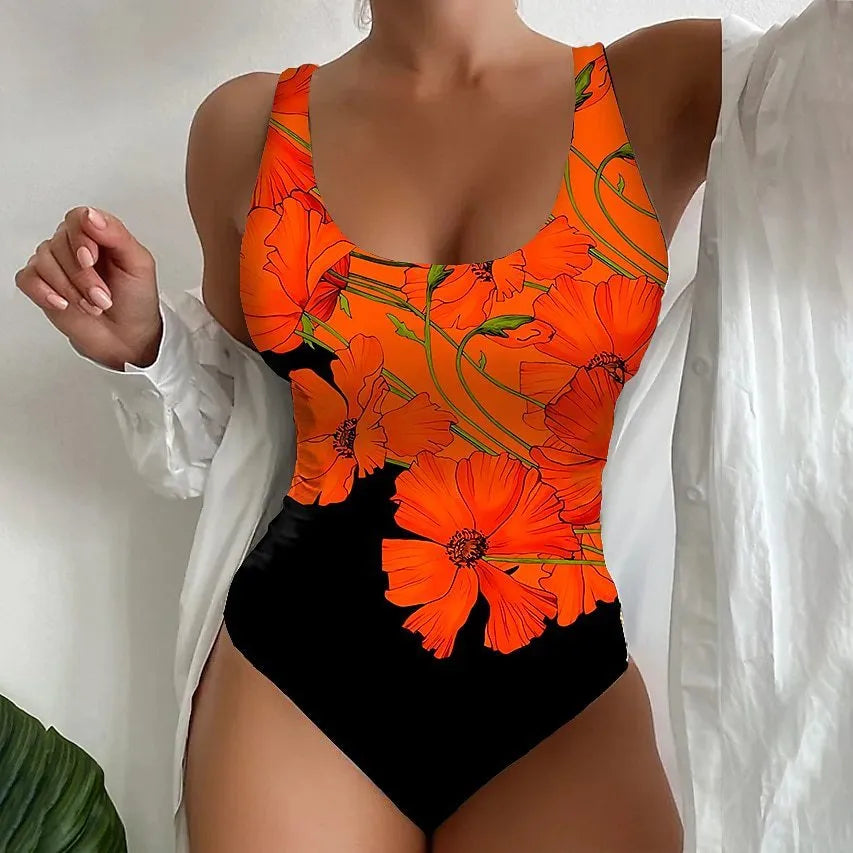 Women's 3D printed one-piece swimsuit in Lycra fabric available in orange red, purple, and sky blue colours