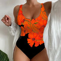 Women's 3D printed one-piece swimsuit in Lycra fabric available in orange red, purple, and sky blue colours