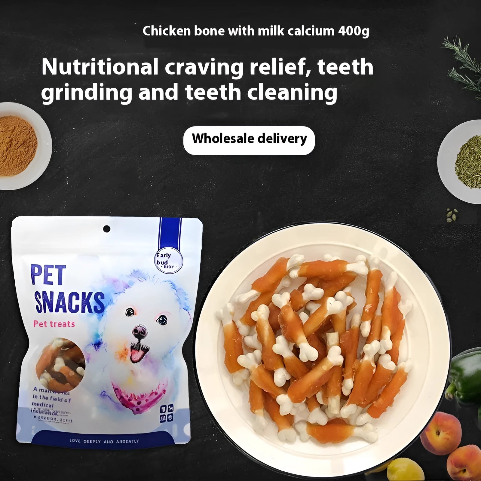 400g bag of Betty Chicken Wrapped Calcium Bone dog treats