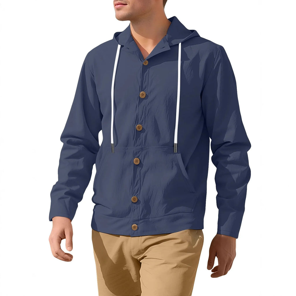 Men's button-down loose hooded polyester jacket in solid colour, front view