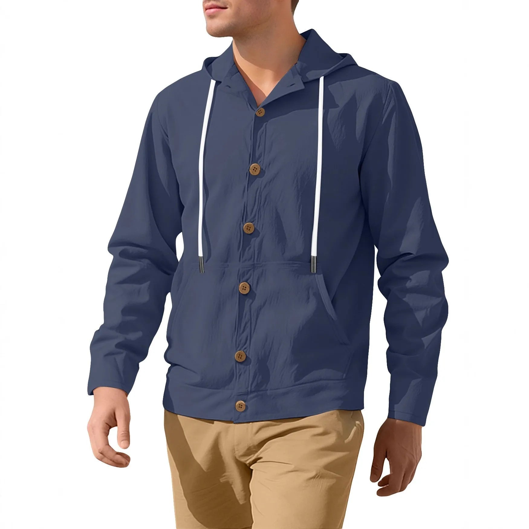 Men's button-down loose hooded polyester jacket in solid colour, front view