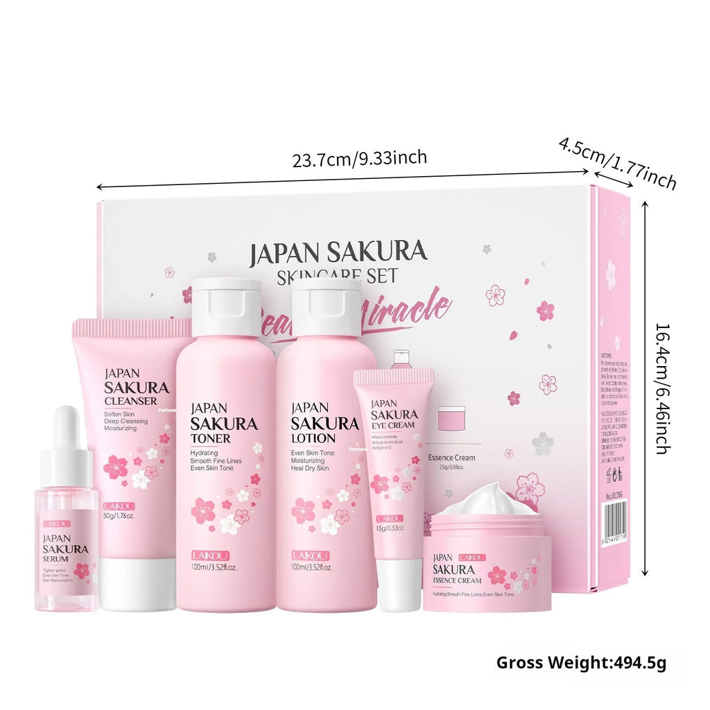 Cherry Blossom brightening and cleansing six piece facial skin care set with bottles and jars