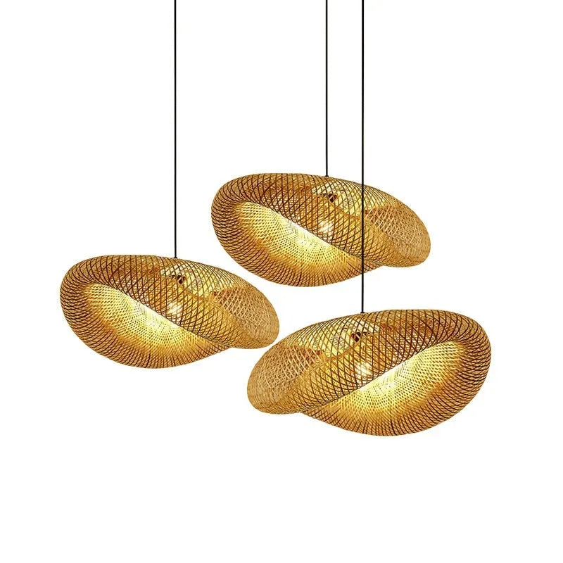 Woven bamboo straw hat-shaped hanging chandelier lamp showing natural texture and circular form