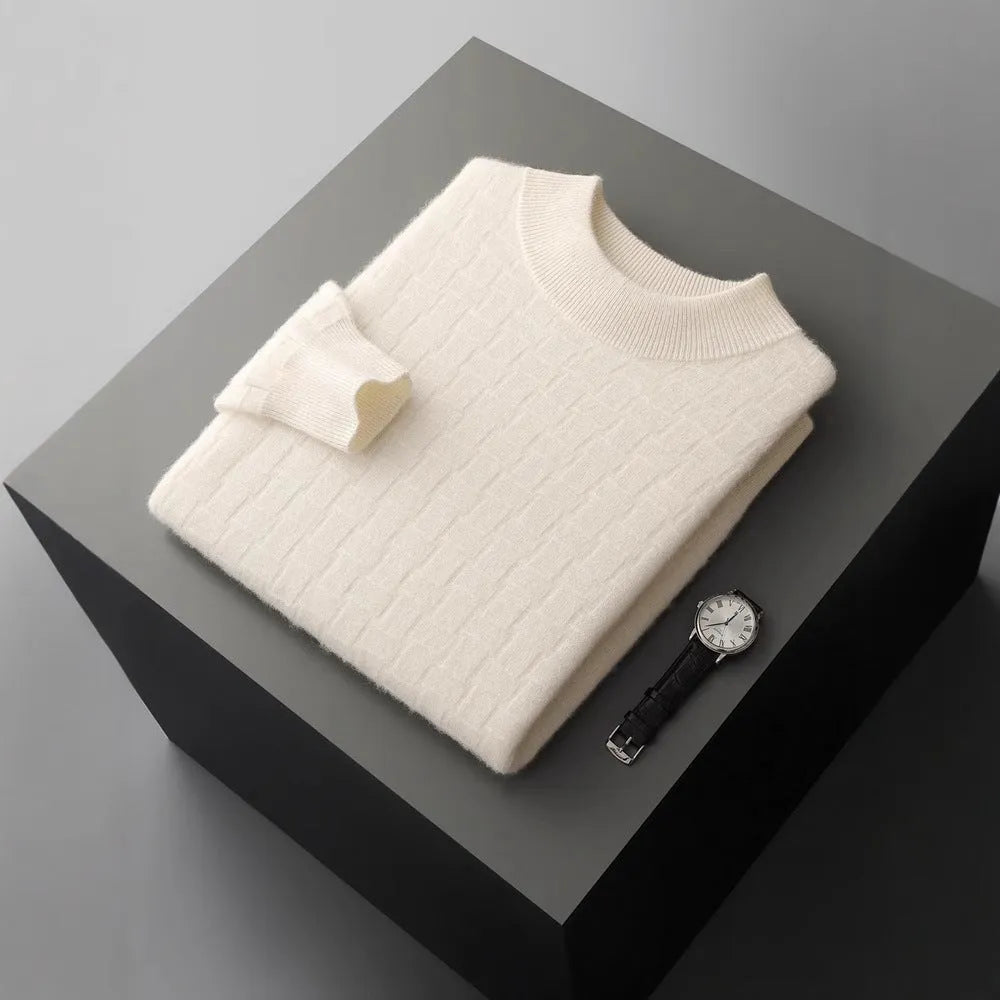 Men's half-high collar pullover sweater in wool, winter long sleeve loose fit, light gray colour