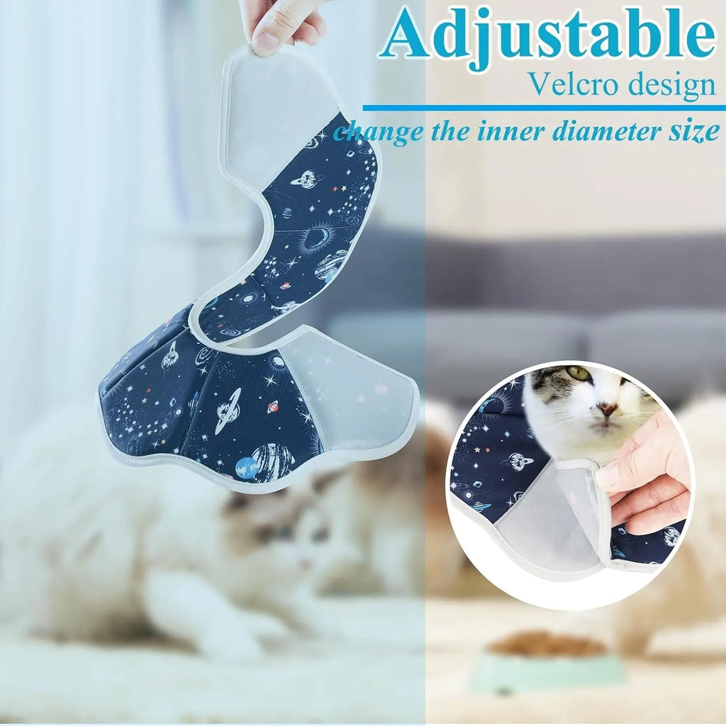 Soft adjustable cat recovery cone collar in constellation design with circular fastener