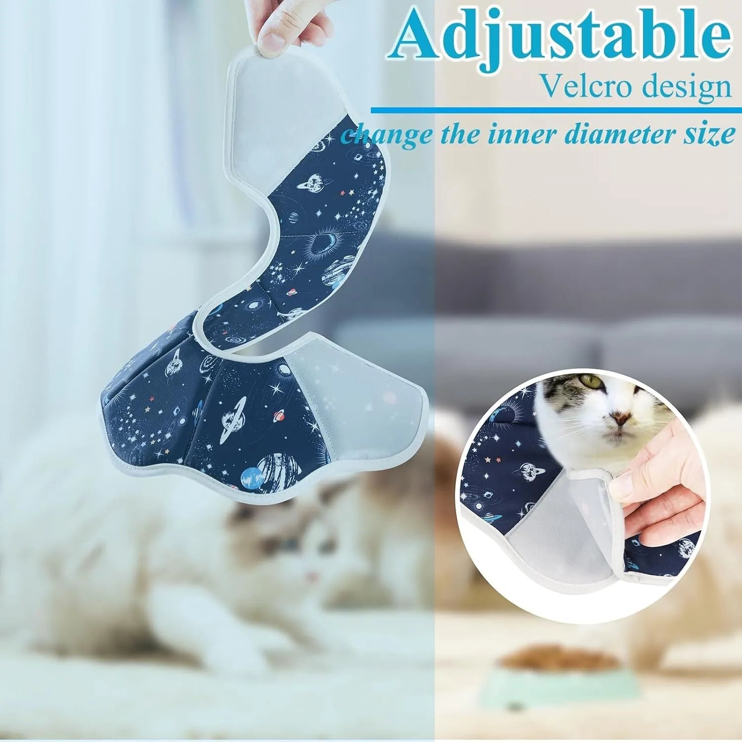 Soft adjustable cat recovery cone collar in constellation design with circular fastener
