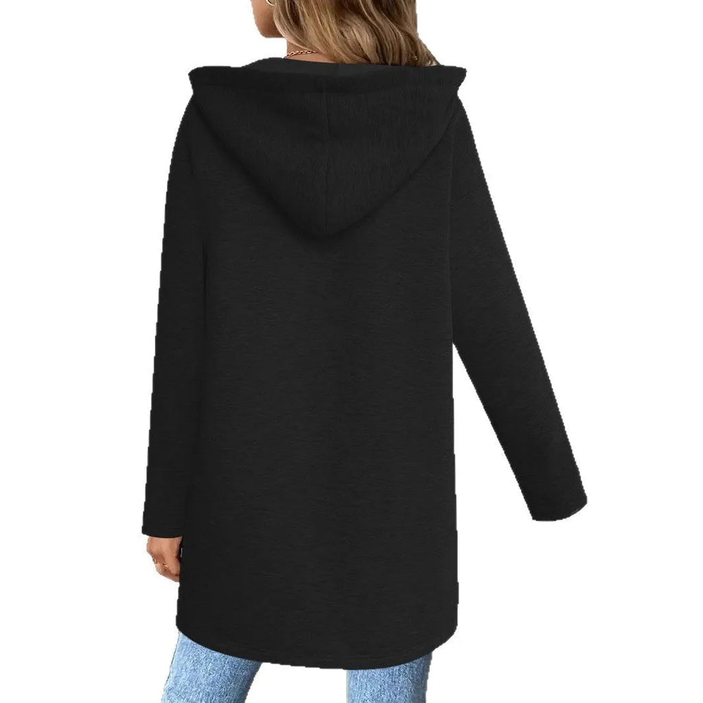 Grey loose-fit women's mid-length cardigan coat with pockets on a hanger.