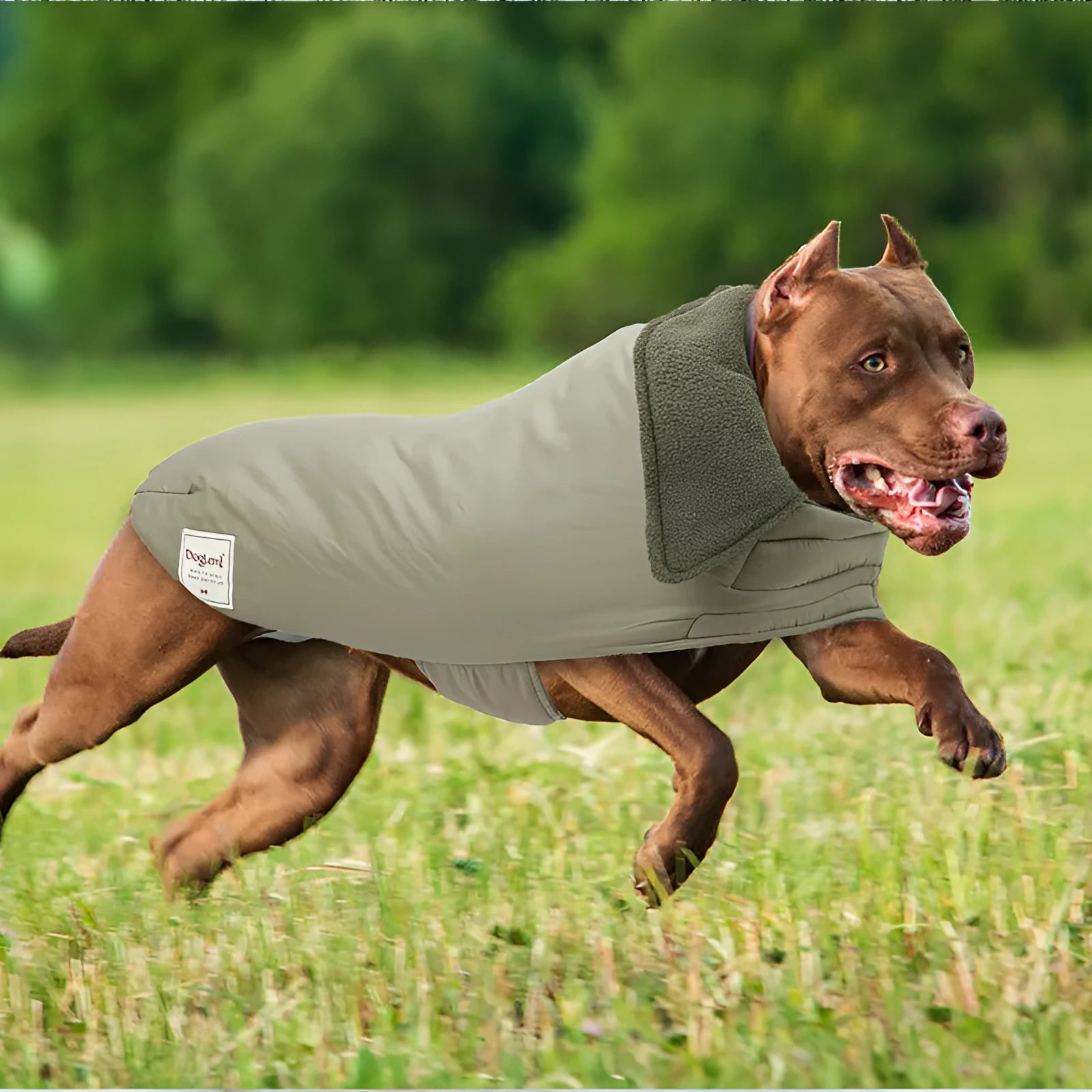 Dog wearing lapel turtleneck cotton-padded vest in khaki green colour for cold weather protection