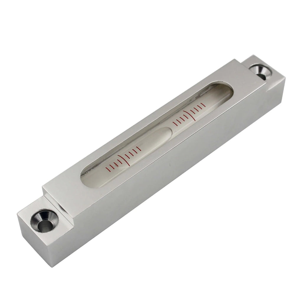 Compact metal and glass spirit level measuring 132mm with visible bubble vial containing 500 bubbles