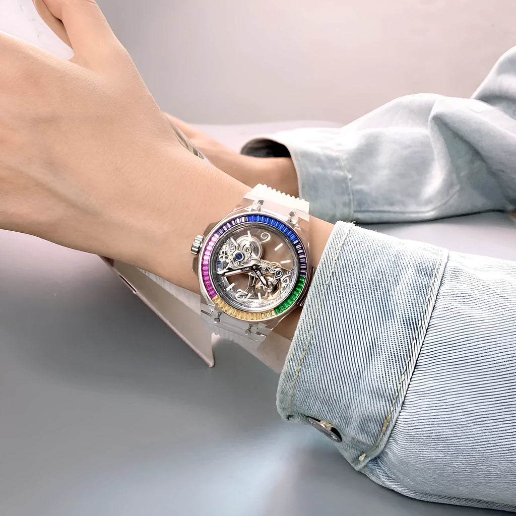 Full-automatic hollow large dial mechanical watch with transparent surface and white strap