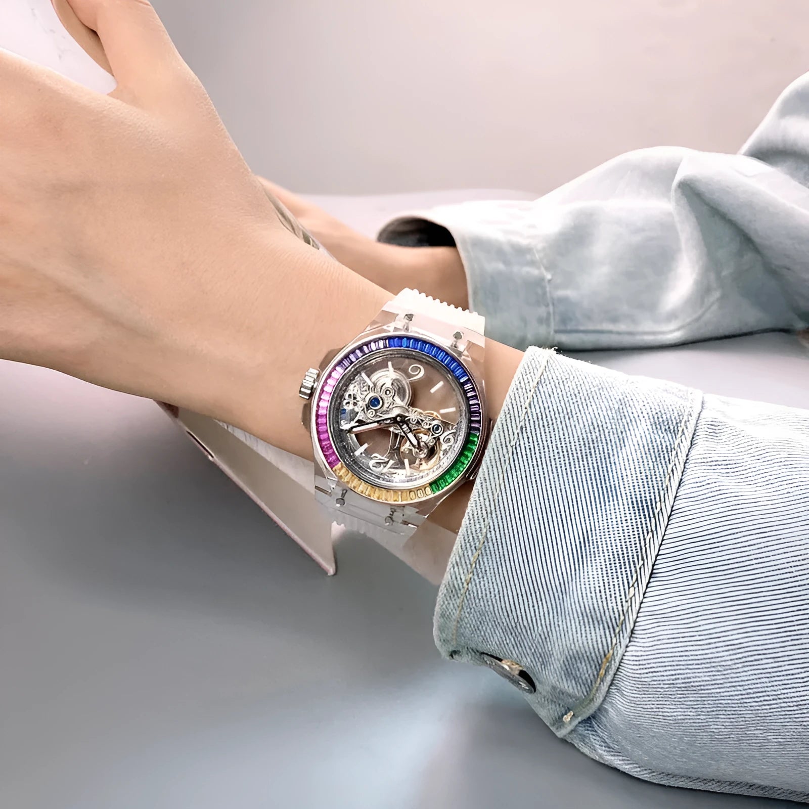 Full-automatic hollow large dial mechanical watch with transparent surface and white strap