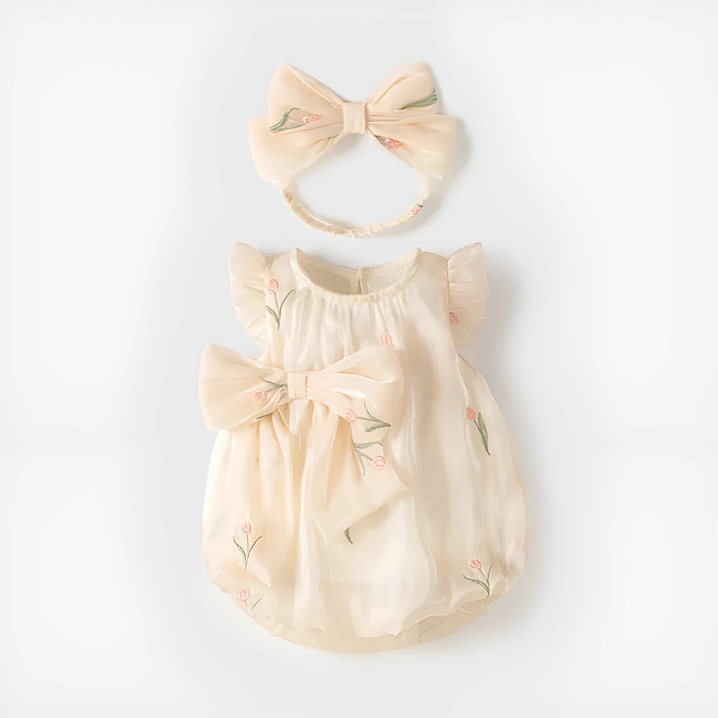 Baby girl thin sleeveless polyester jumpsuit in apricot triangle design