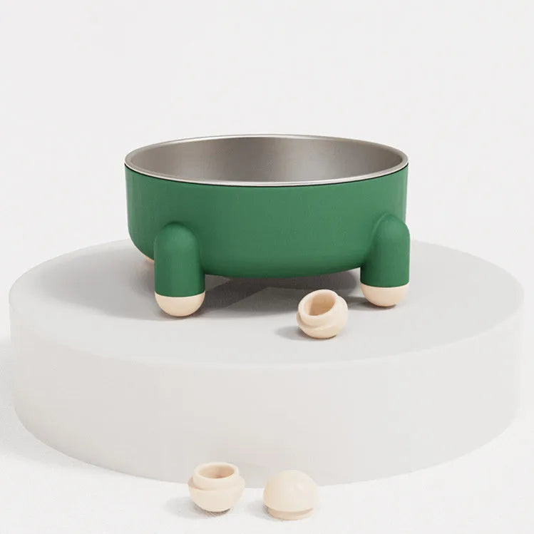Green ceramic-coated stainless steel pet bowl with non-slip base and raised high-foot design.