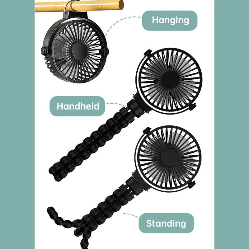 Black portable clip fan with flexible tripod legs and 2000mAh battery for USB charging
