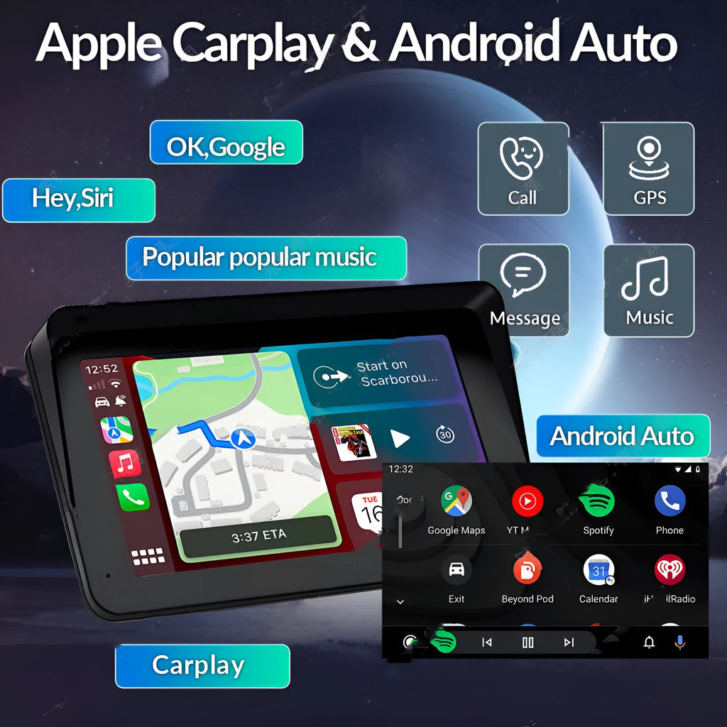 7-inch portable car MP5 player with wireless CarPlay, suction cup mount, and standard fisheye reversing camera