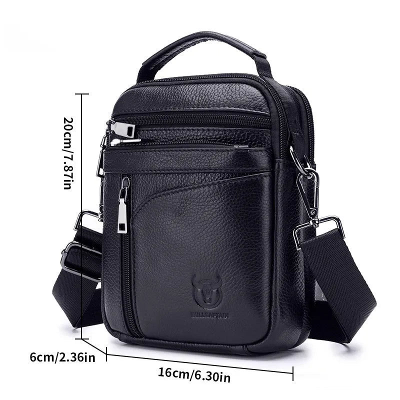 Black genuine leather men's shoulder messenger bag with retro styling