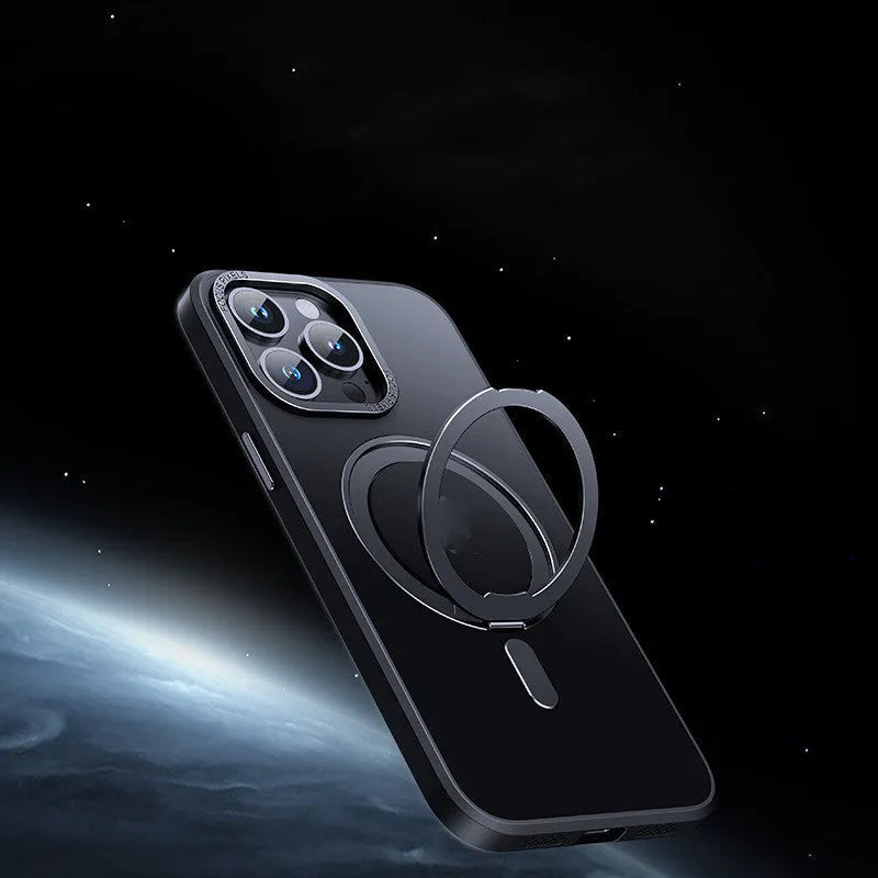 Transparent iPhone case with magnetic bracket for iPhone 11 to 15 Pro Max models in black, grey, purple colours