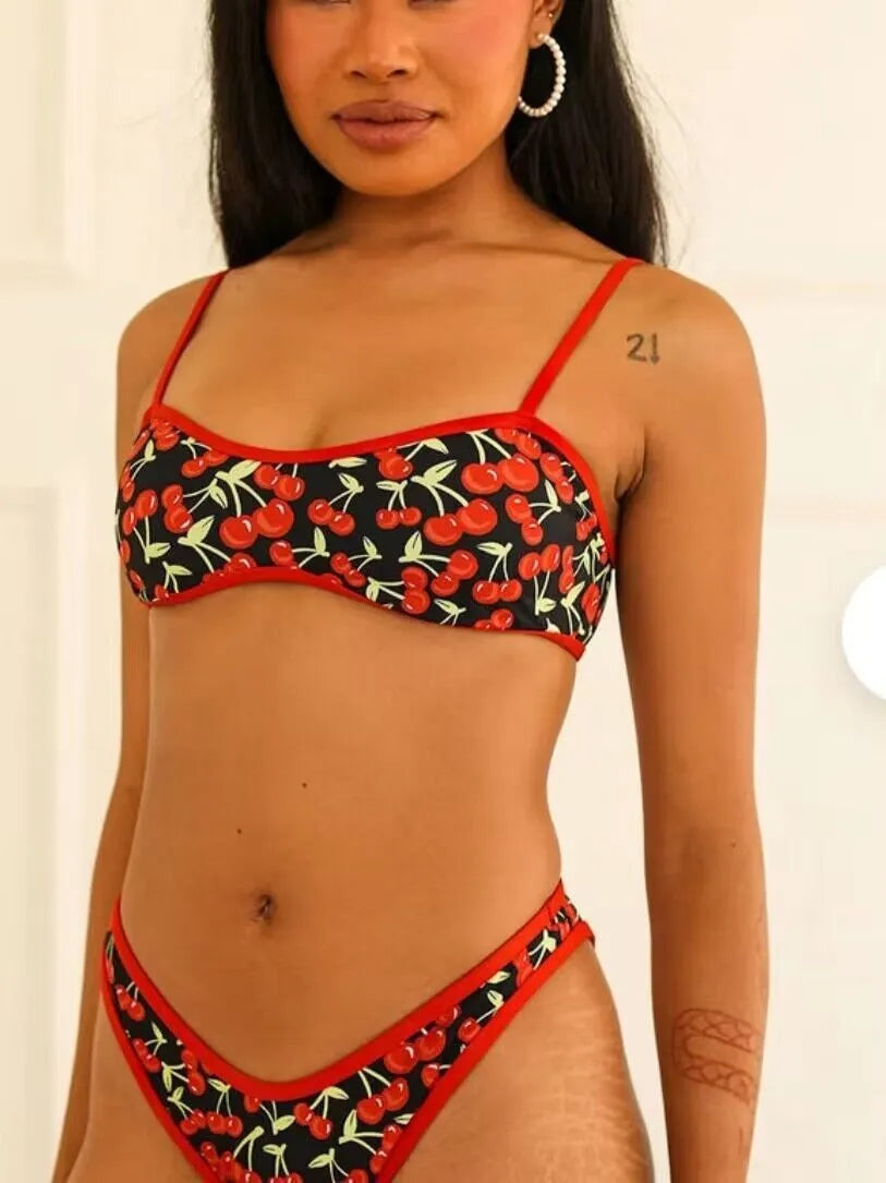 Cherry print tube top bikini swimsuit for women, polyester two-piece with briefs-style bottoms.