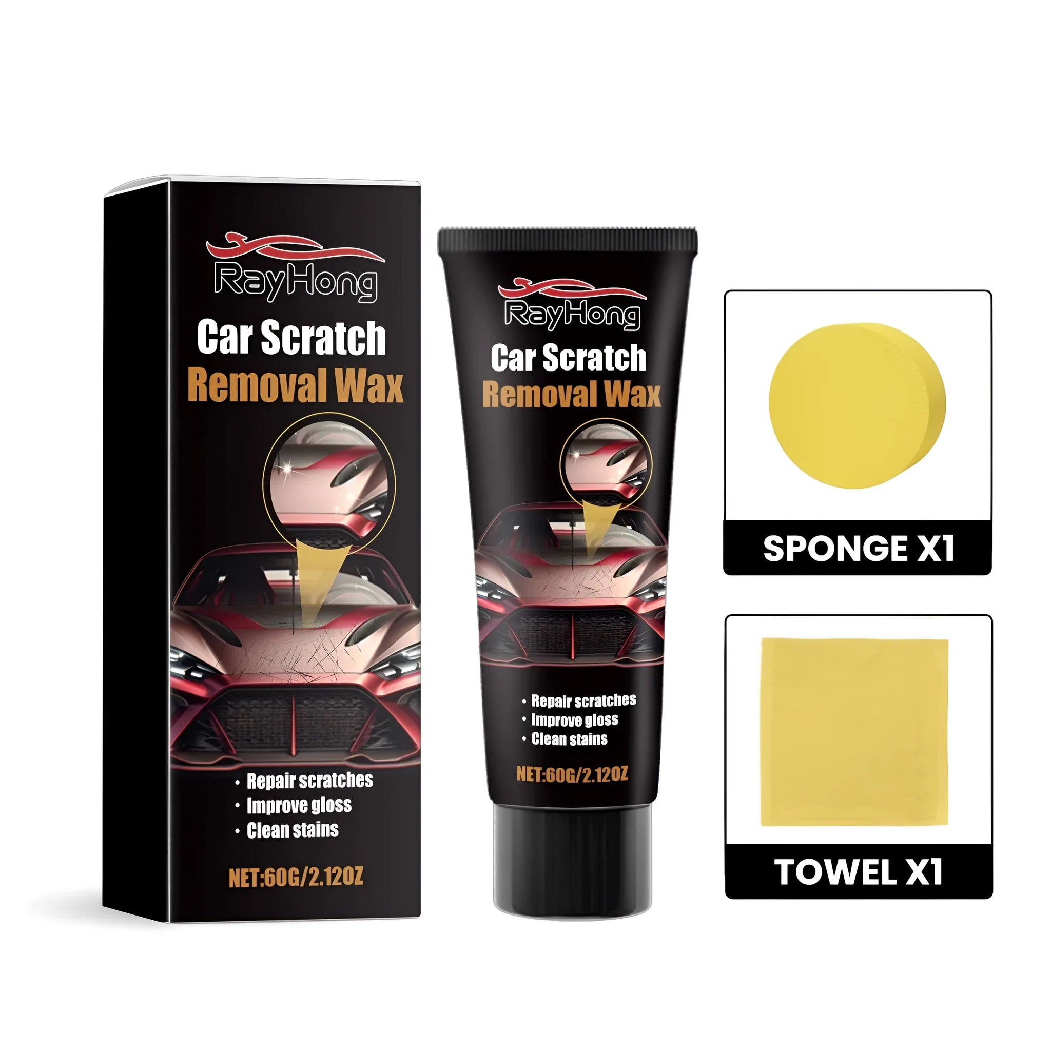 Car scratch repair kit showing 60g wax container, sponge applicator, and polishing towel