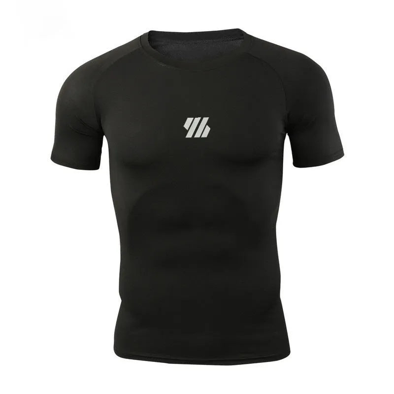 Men's quick-drying compression top in solid colour, polyester fabric, available in black white light pink navy blue sizes M to 3XL