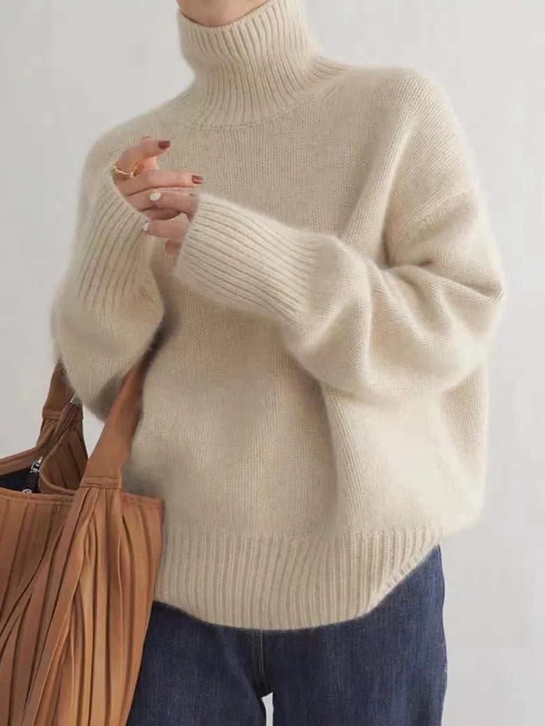 Women's loose high-neck solid-colour knit pullover sweater in apricot, long sleeves, free size