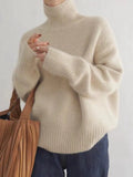 Women's loose high-neck solid-colour knit pullover sweater in apricot, long sleeves, free size