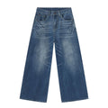 Retro washed light blue men's loose straight wide leg jeans with mid waist and zipper fly