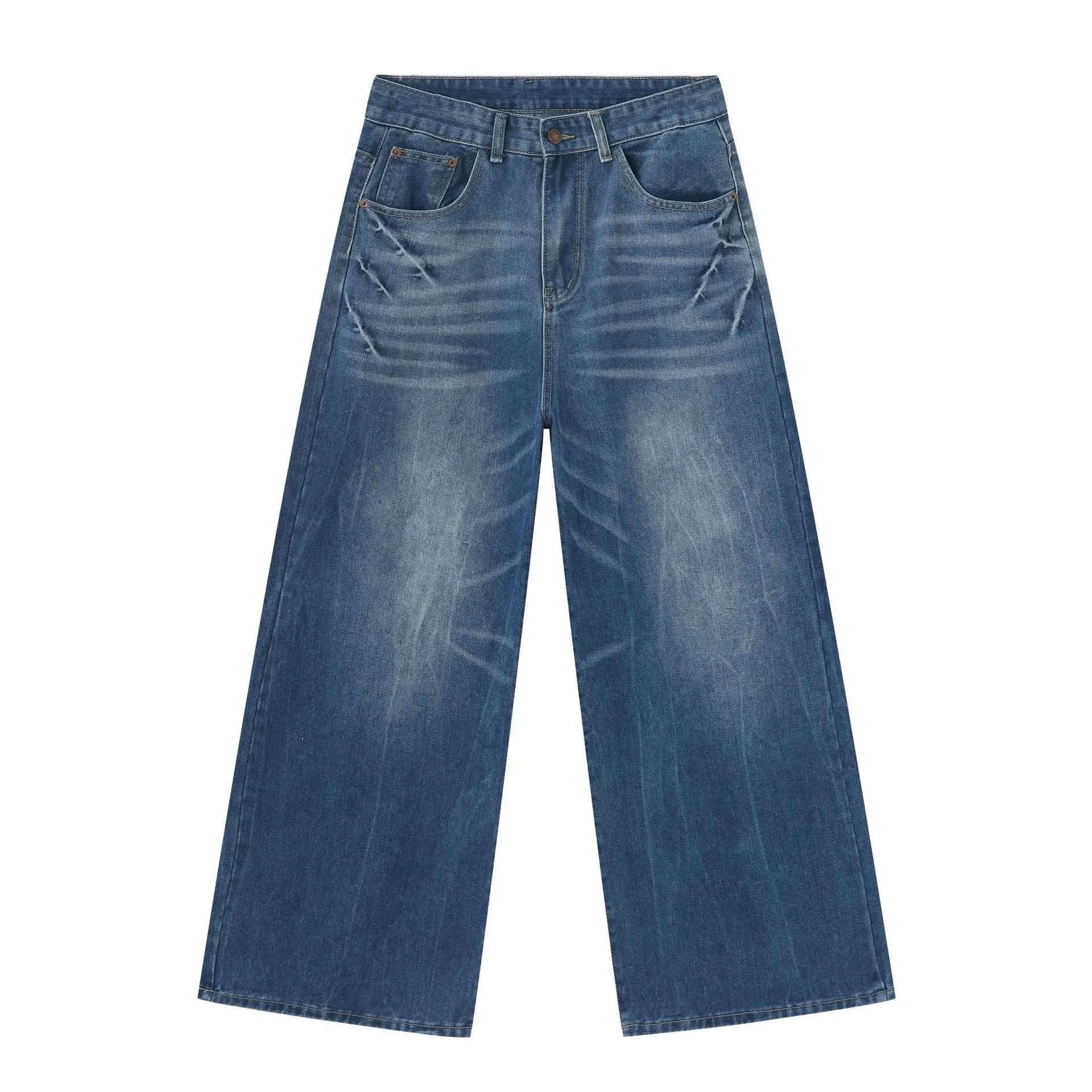 Retro washed light blue men's loose straight wide leg jeans with mid waist and zipper fly