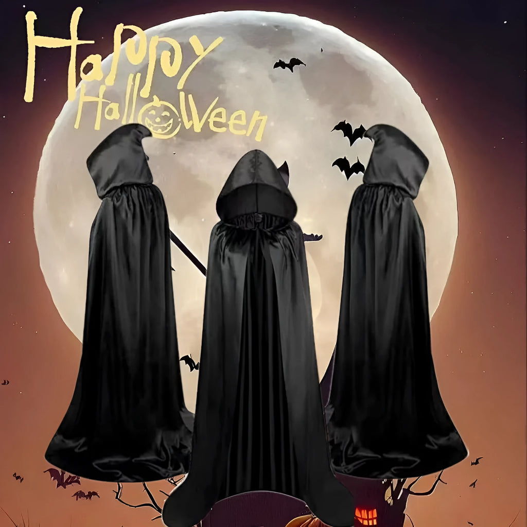 Black satin hooded cloak displayed flat showing full length and hood detail