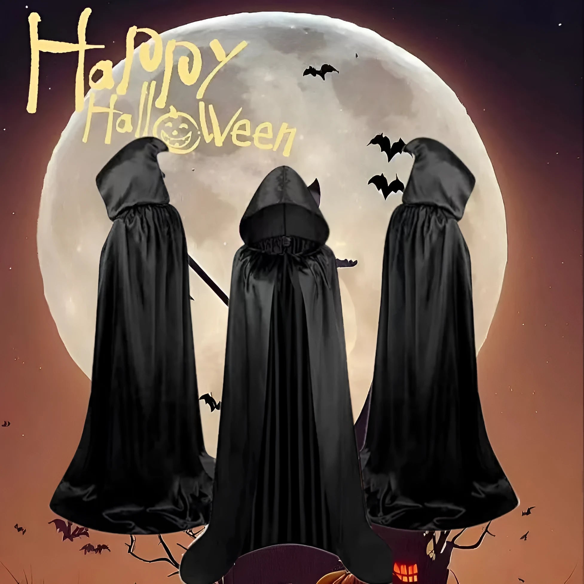 Black satin hooded cloak displayed flat showing full length and hood detail