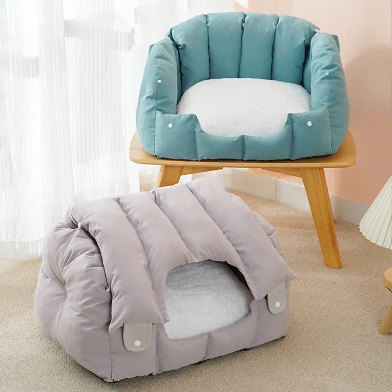 Grey arched cat nest functioning as enclosed pet bed and open sofa for cats and small dogs