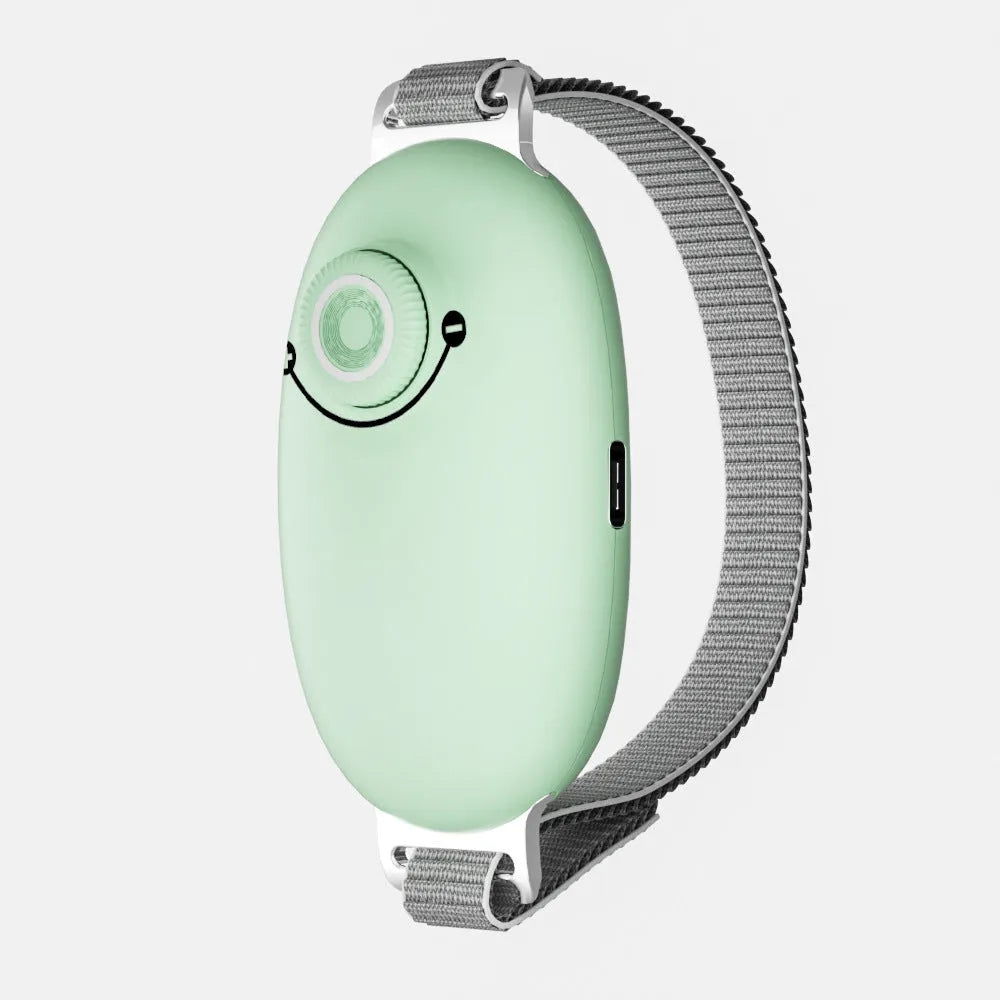 Portable smart sleeping aid instrument with ABS stainless steel body in white, pink, and green colours showing the device and webbing strap