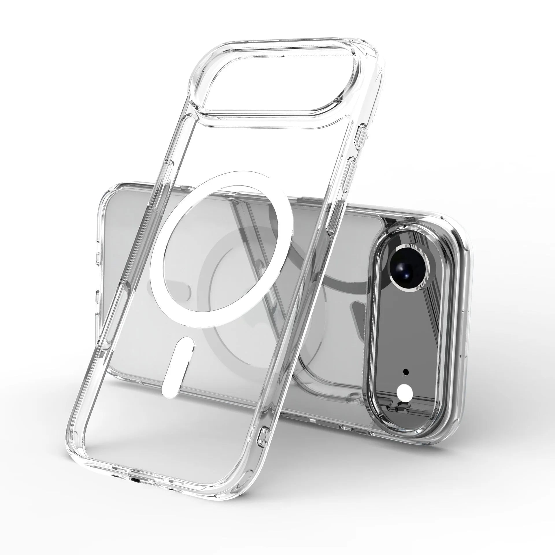 Transparent magnetic phone case for iPhone 17 series showing shockproof design and magnetic mounting capability