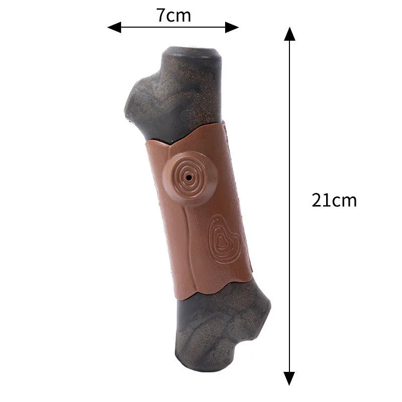 Branch-shaped nylon dog chew toy with bacon flavour and squeaker for large dogs.