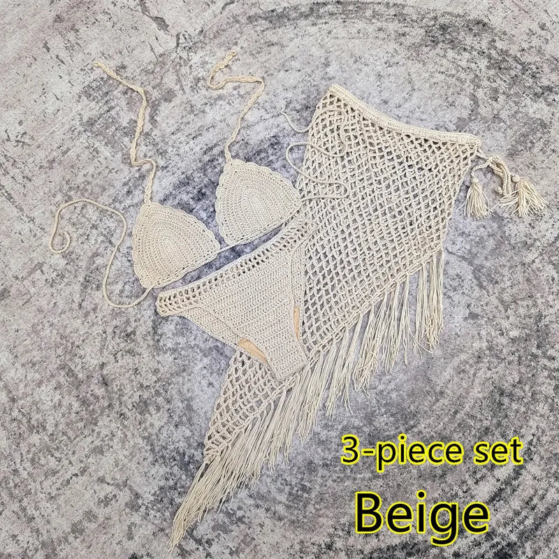 Women's white handmade crochet bikini swimsuit set with a separate matching skirt.
