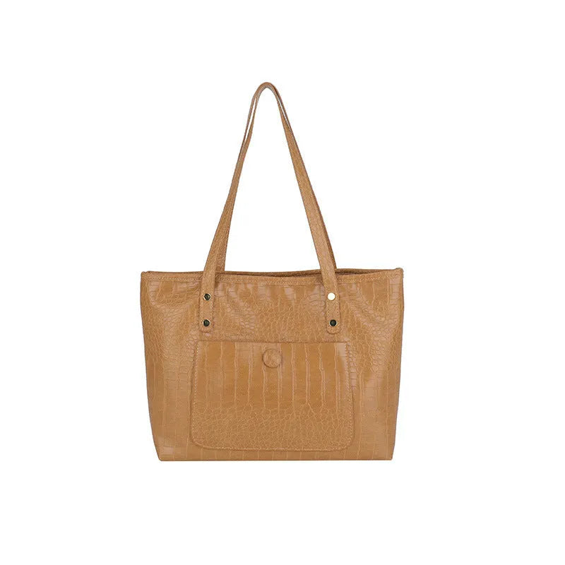 Retro large capacity single-shoulder handbag in brown, soft PU material with stitching detail, horizontal square shape.