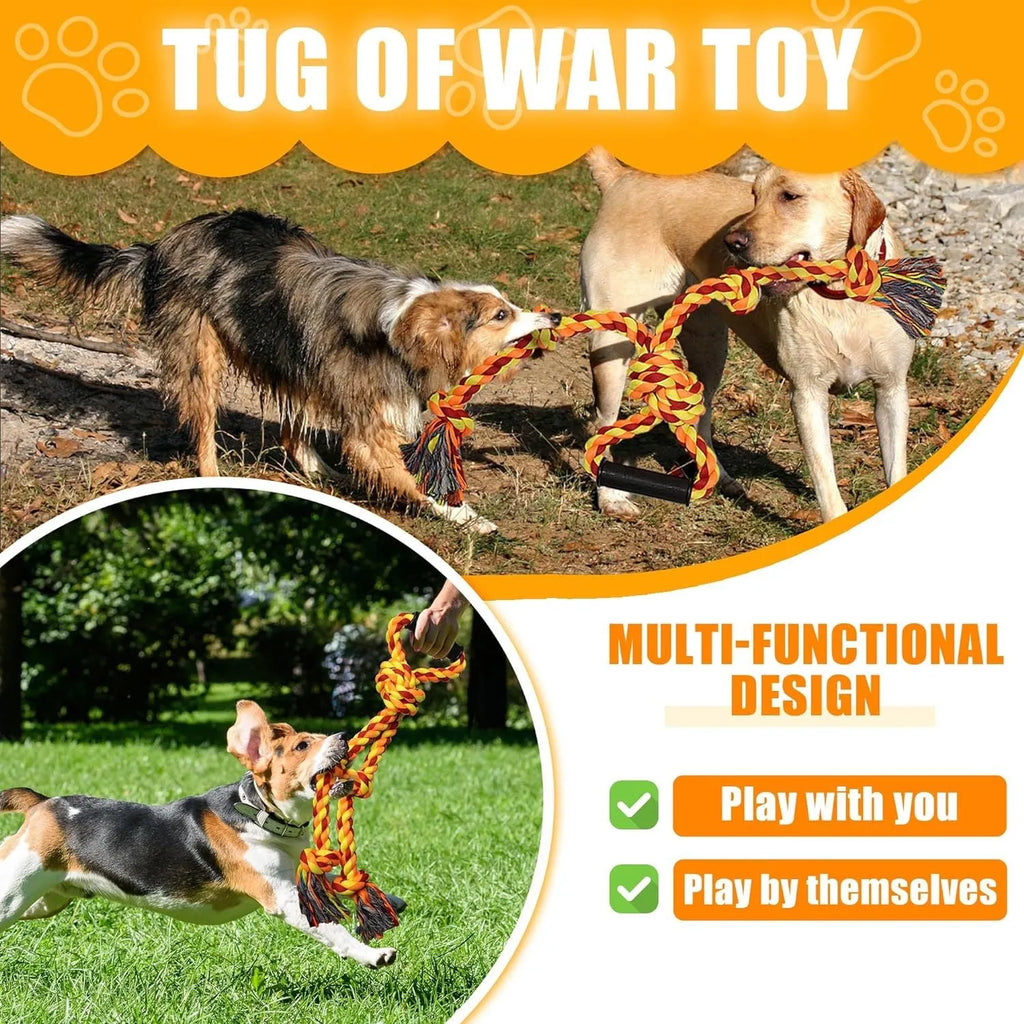 Blue and yellow durable cotton rope tug toy for large dogs with a non-slip handle
