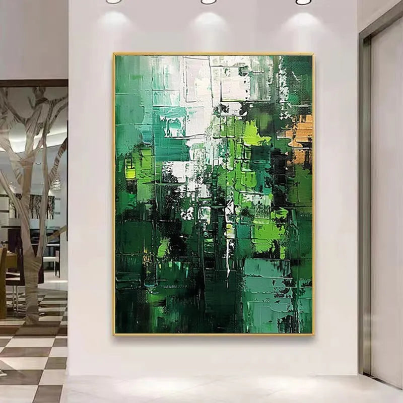 Green abstract hand-painted oil painting on canvas, unframed, with texture visible