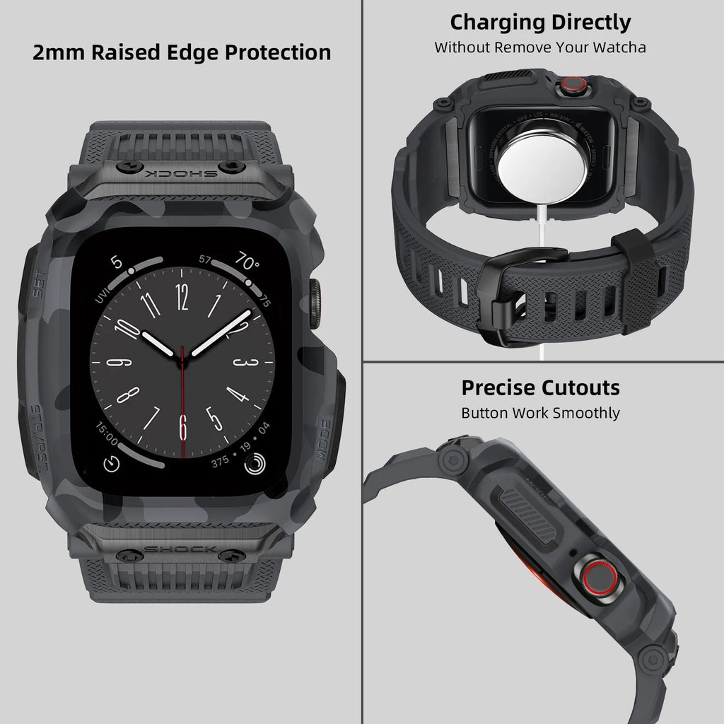 Camouflage TPU protective watch case with integrated strap for Apple Watch 42mm 44mm 45mm in black gray and green