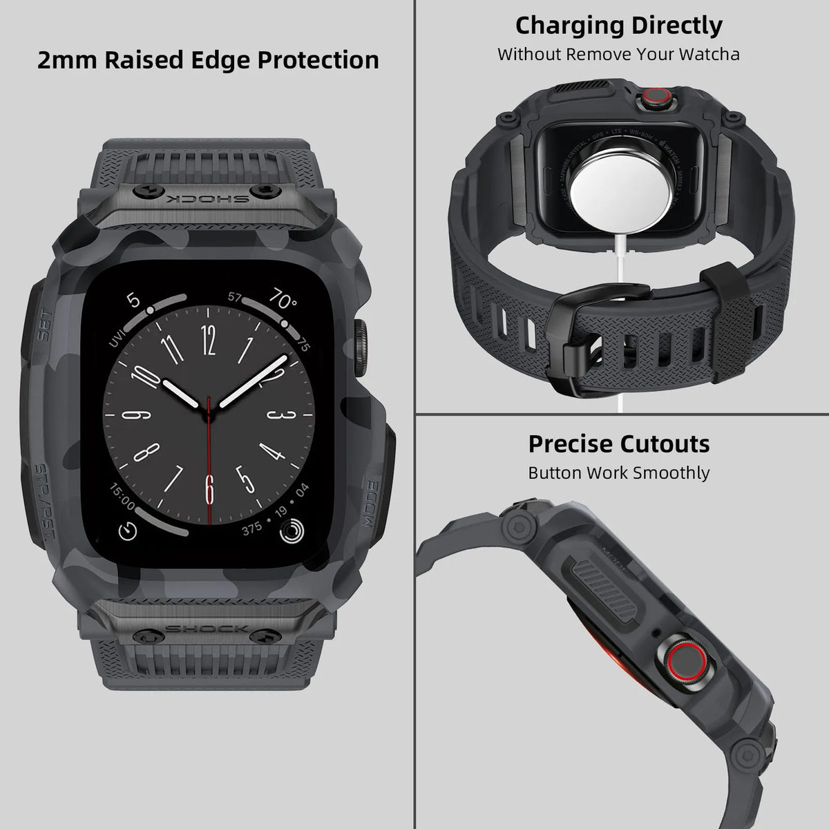Camouflage TPU protective watch case with integrated strap for Apple Watch 42mm 44mm 45mm in black gray and green
