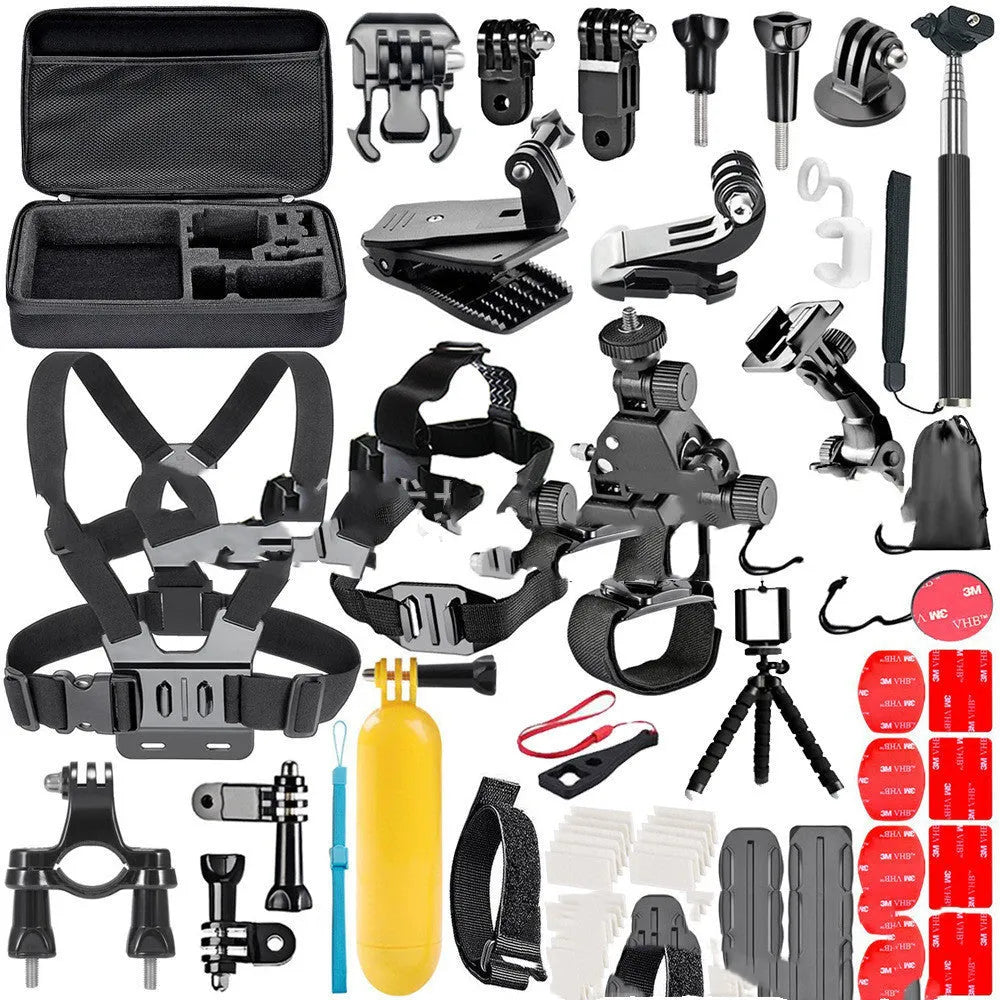 Black GoPro accessories set with a chest strap and a helmet tripod mount on a white background.