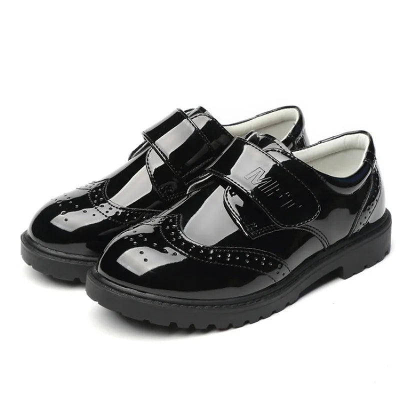 Boys black campus shoes with artificial PU upper and rubber sole, lace or Velcro fastening, sizes 26-42