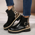 Plus-size women's black leopard print ankle boots with metal buckle, round toe, and mid-heel