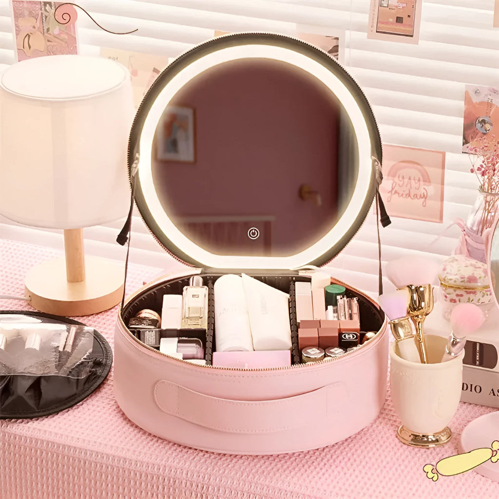 Round smart LED makeup bag with mirror lights in cherry blossom pink, PU leather, 29x28x11cm